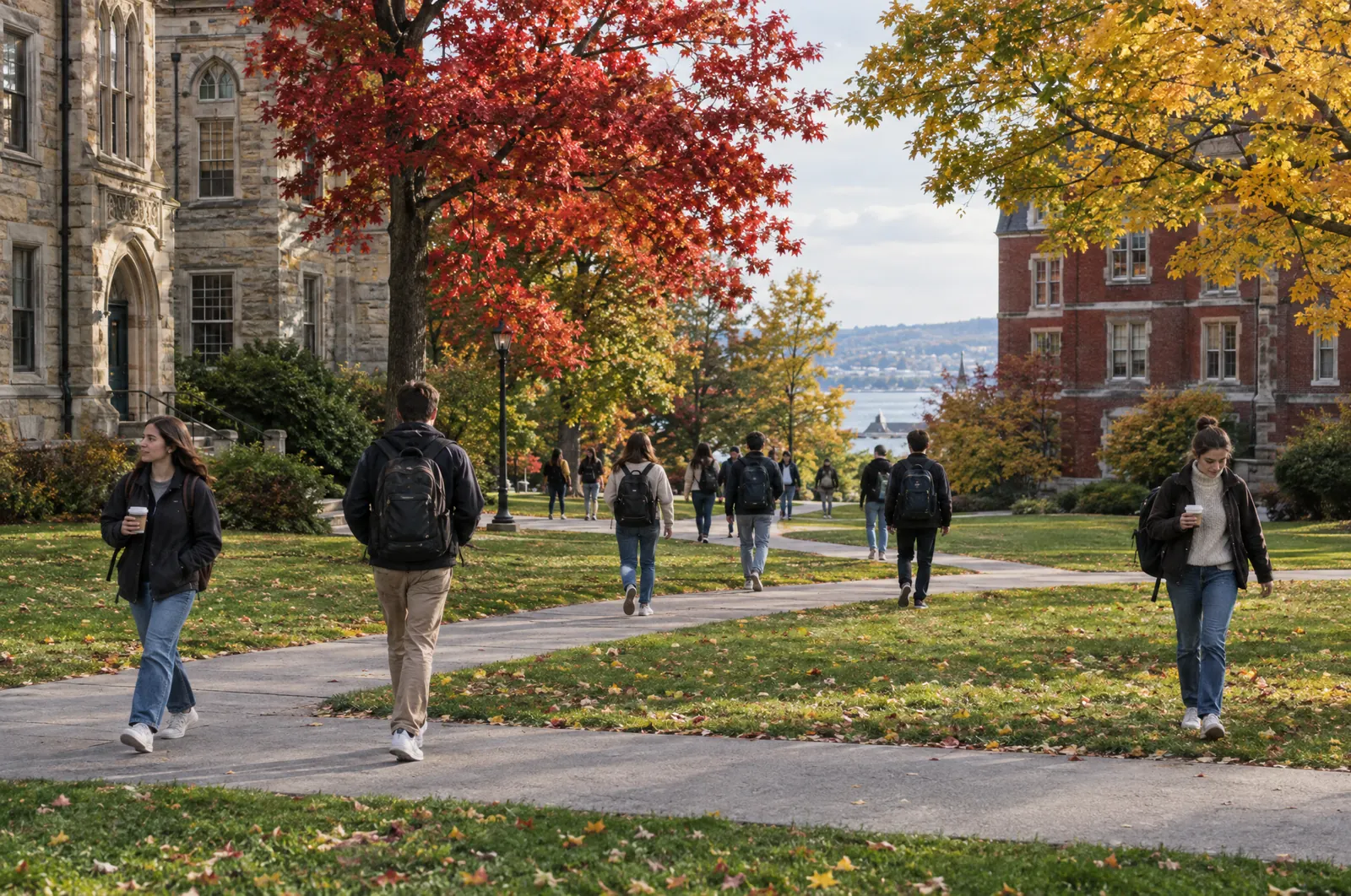 Students walking across a university lawn between stone and brick buildings in autumn
