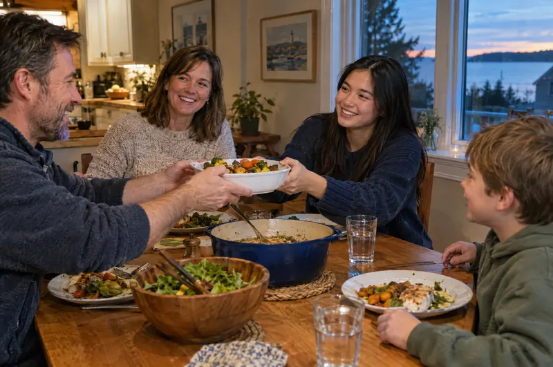 A host family having dinner with an international high school student