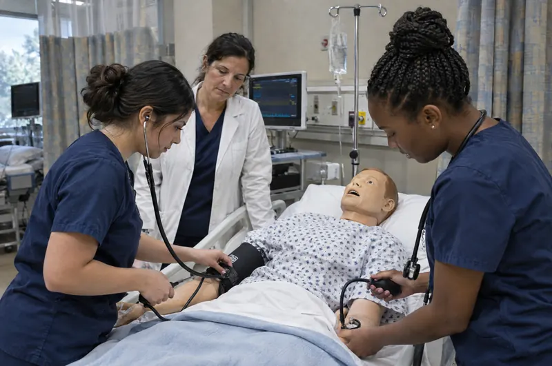 Nursing students practising on a training manikin in a college lab